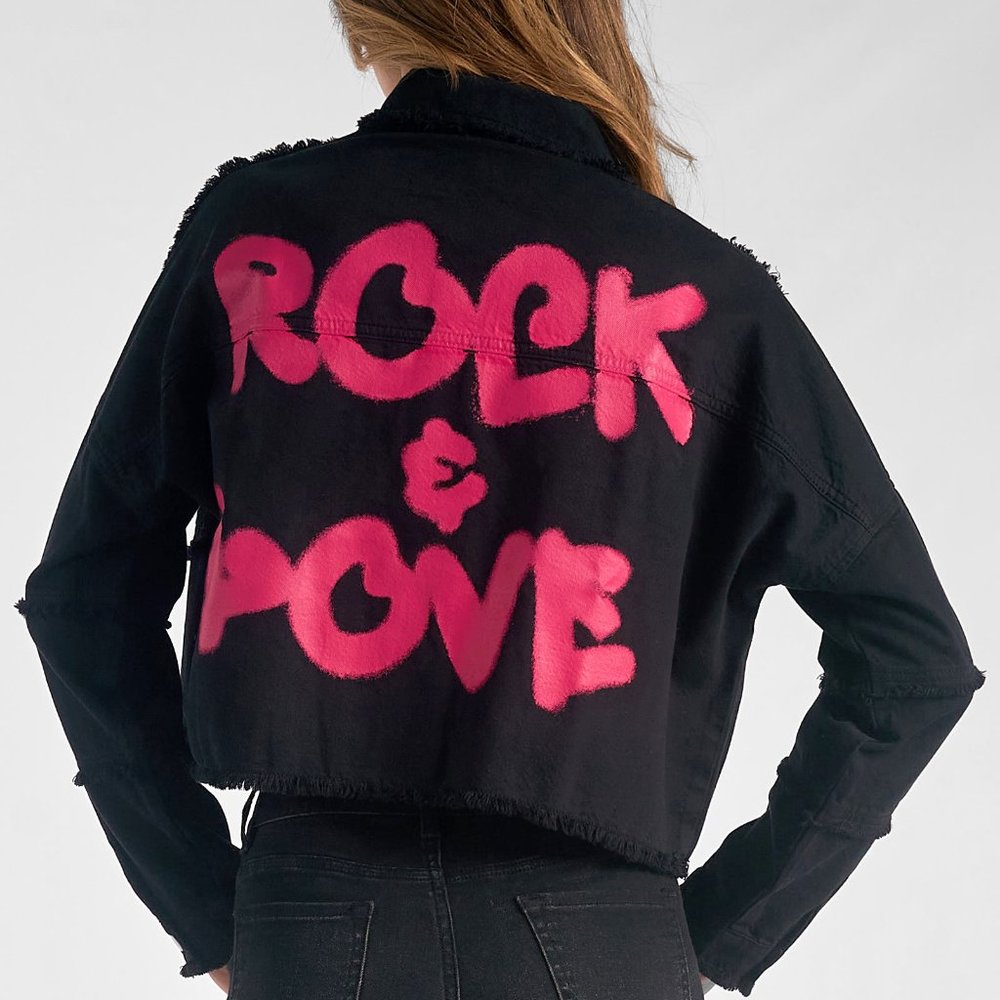 Elan Black Jean Jacket with Pink Graphic